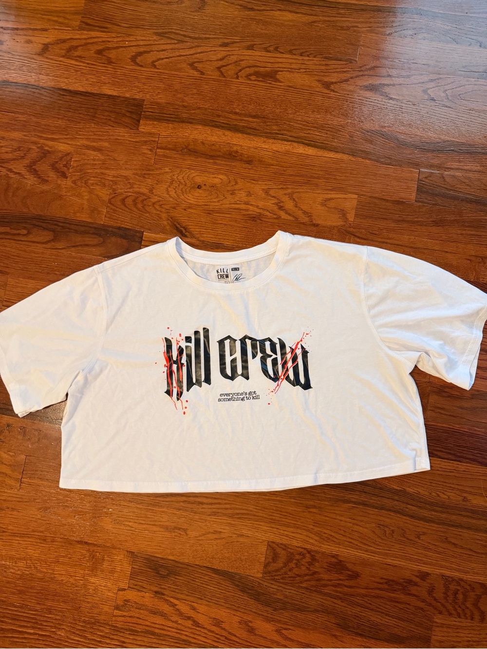 Kill Crew White Cropped Graphic Tee with Black and Red Print